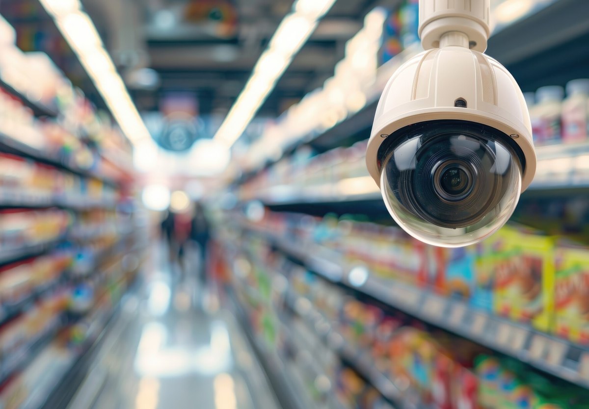 Telecamera dome fissata al soffitto di un punto vendita